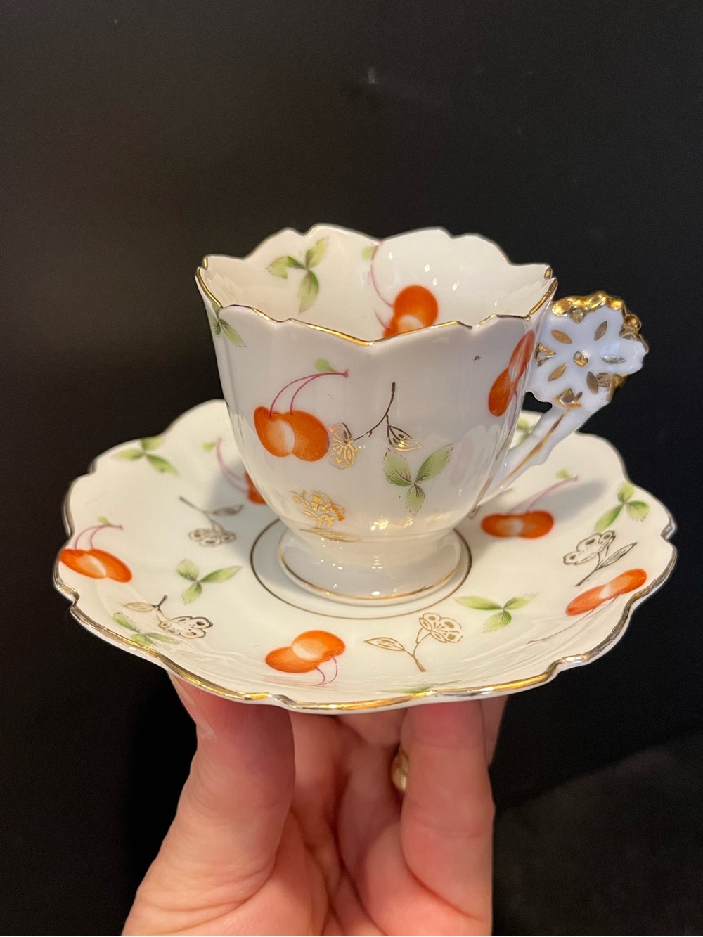 VTG Ucagco Demitasse Cup & Saucer with Cherry Motif & Gold Trim Made Occ. Japan - Picture 9 of 14